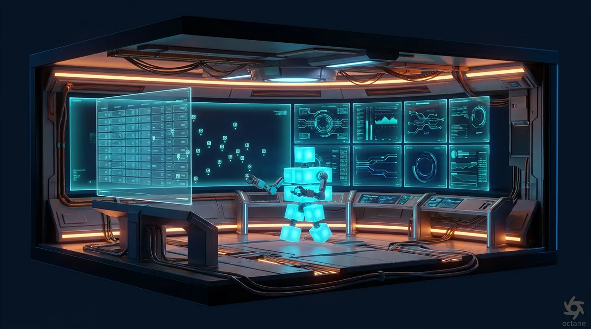 Compliance Evidence Diorama | CAQA Systems A futuristic control room with holographic compliance dashboards demonstrates education technology solutions.